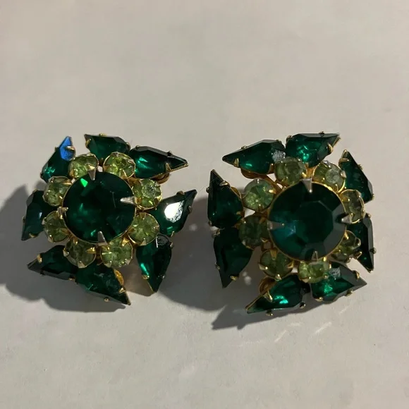 Green and Gold Maltese Cross Clip On Earrings - Picture 1 of 6
